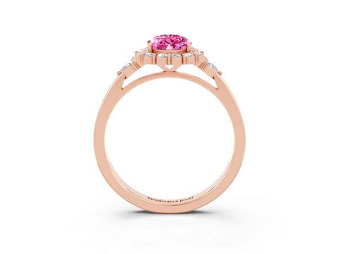 Rose gold Pear Cut Pink Sapphire Halo Ring with Pear Side Stones and Prong Setting_15