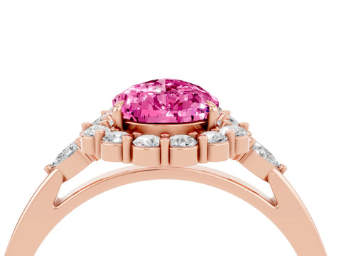 Rose gold Pear Cut Pink Sapphire Halo Ring with Pear Side Stones and Prong Setting_16