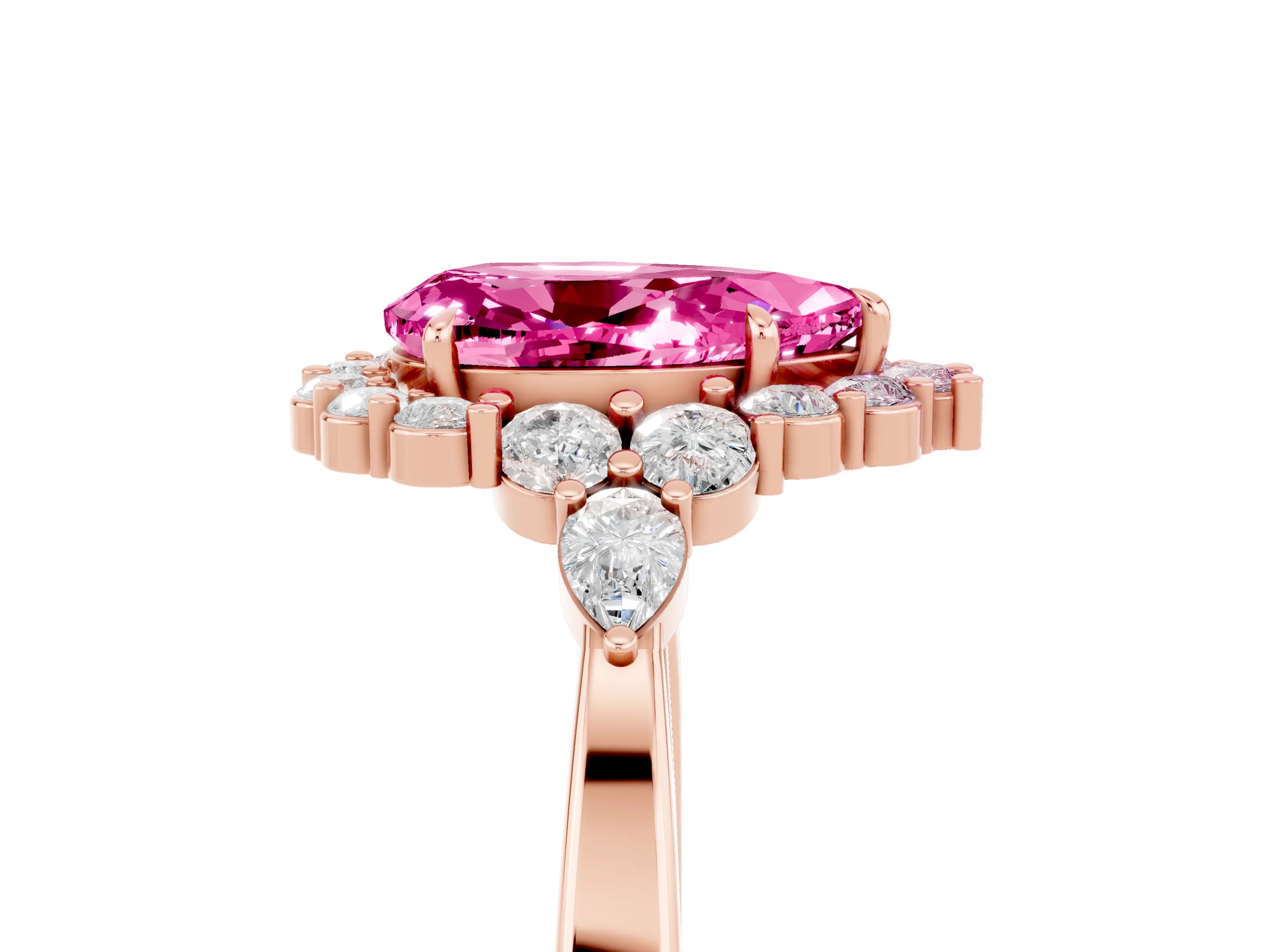 Rose gold Pear Cut Pink Sapphire Halo Ring with Pear Side Stones and Prong Setting_17