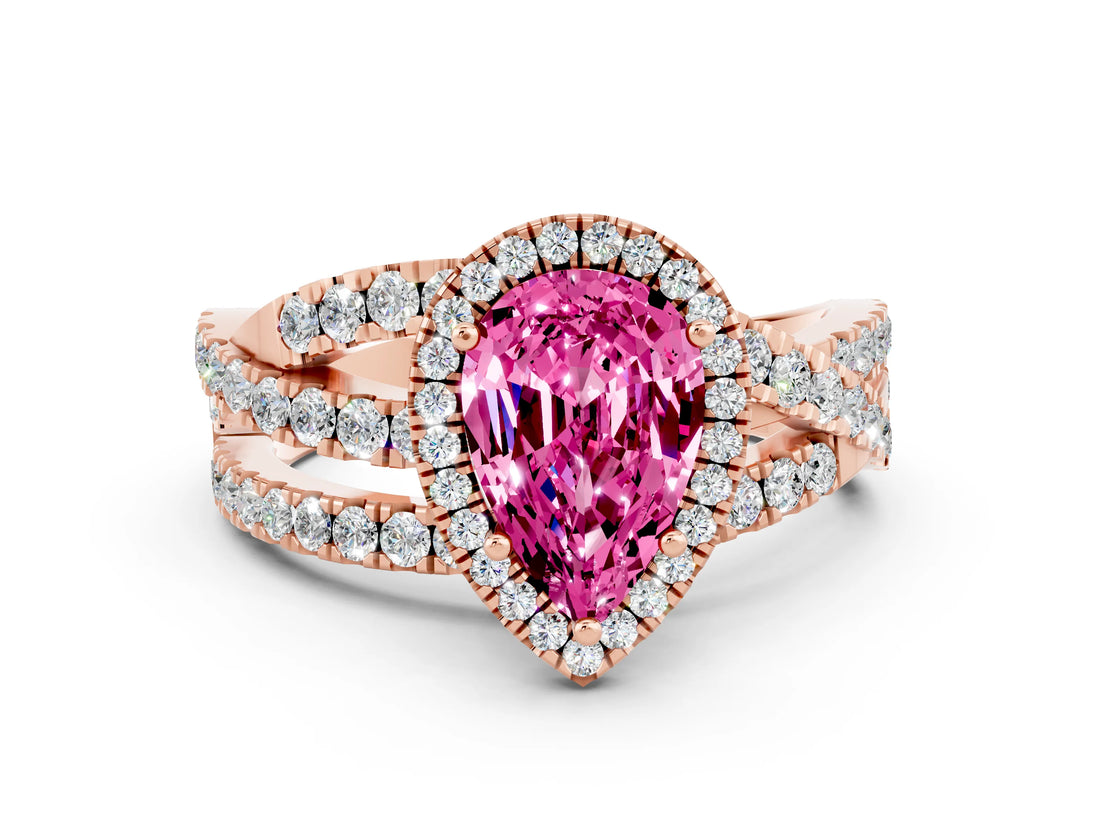 Rose gold Pear Cut Pink Sapphire Halo Ring with Round Split Shank and Prong Setting_48
