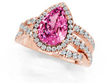 Rose gold Pear Cut Pink Sapphire Halo Ring with Round Split Shank and Prong Setting_49