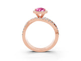 Rose gold Pear Cut Pink Sapphire Halo Ring with Round Split Shank and Prong Setting_51