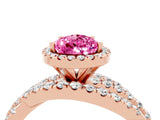 Rose gold Pear Cut Pink Sapphire Halo Ring with Round Split Shank and Prong Setting_52