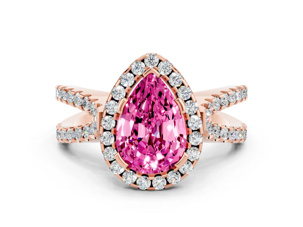 Rose gold Pear Cut Pink Sapphire Halo Ring with Split Shank Pavé Band and Prong Setting