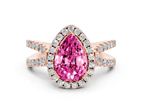 Rose gold Pear Cut Pink Sapphire Halo Ring with Split Shank Pavé Band and Prong Setting_12