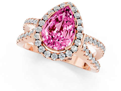 Rose gold Pear Cut Pink Sapphire Halo Ring with Split Shank Pavé Band and Prong Setting_13