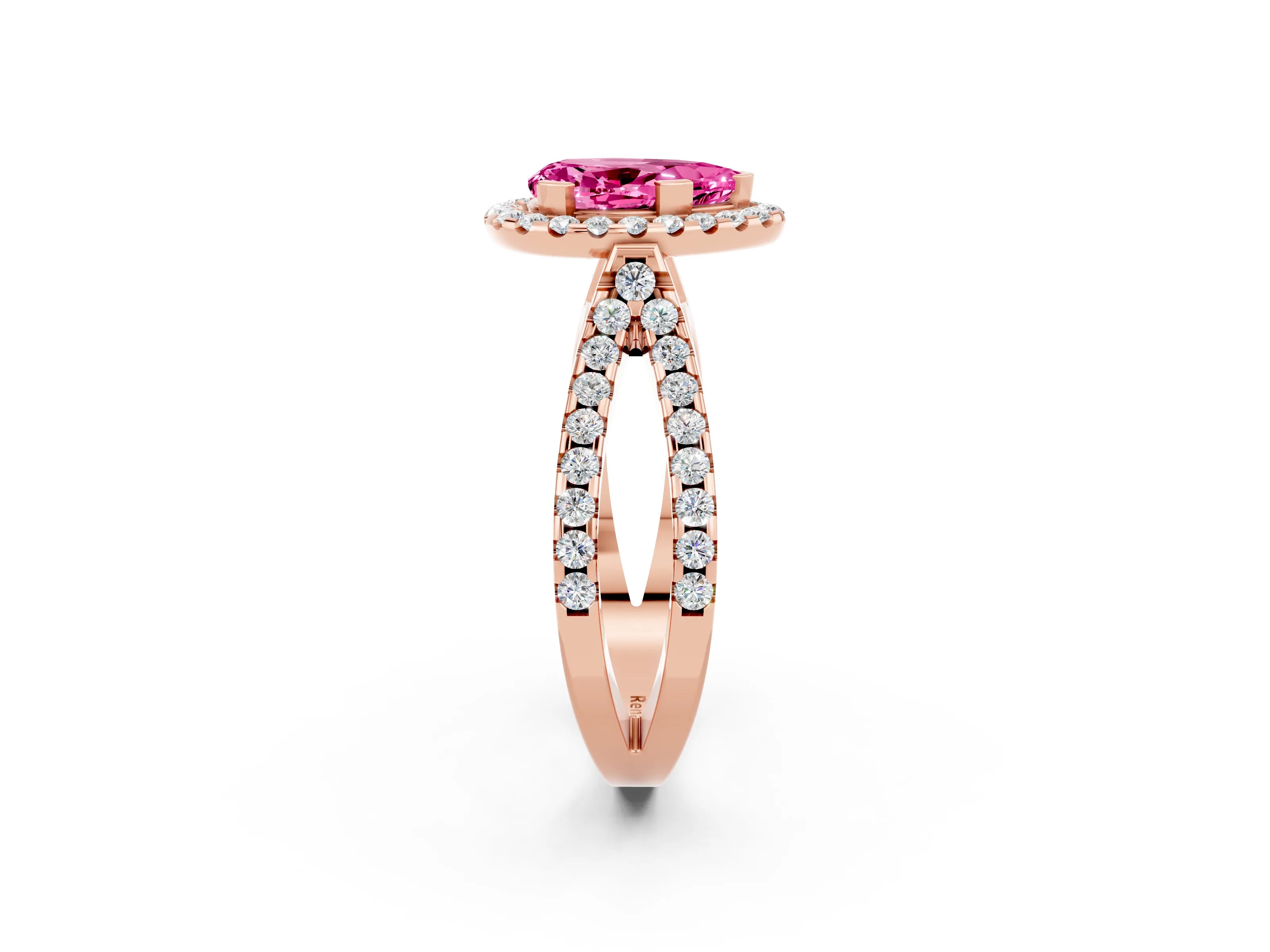 Rose gold Pear Cut Pink Sapphire Halo Ring with Split Shank Pavé Band and Prong Setting_14