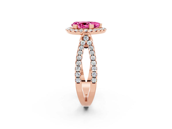 Rose gold Pear Cut Pink Sapphire Halo Ring with Split Shank Pavé Band and Prong Setting