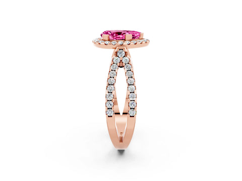 Rose gold Pear Cut Pink Sapphire Halo Ring with Split Shank Pavé Band and Prong Setting_14