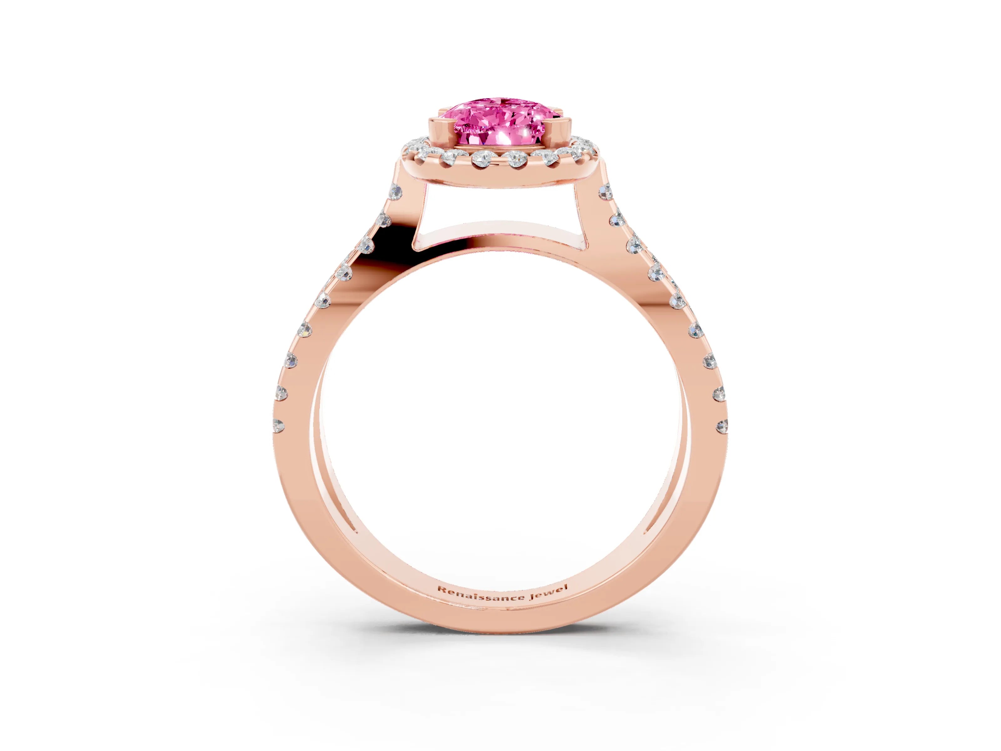 Rose gold Pear Cut Pink Sapphire Halo Ring with Split Shank Pavé Band and Prong Setting_15
