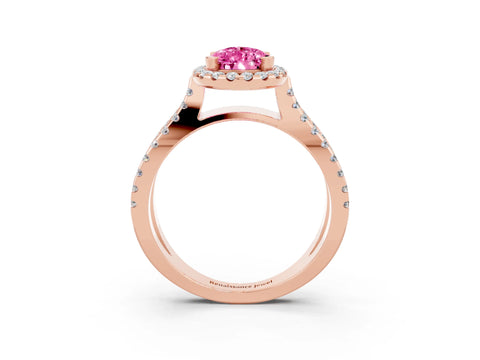 Rose gold Pear Cut Pink Sapphire Halo Ring with Split Shank Pavé Band and Prong Setting_15