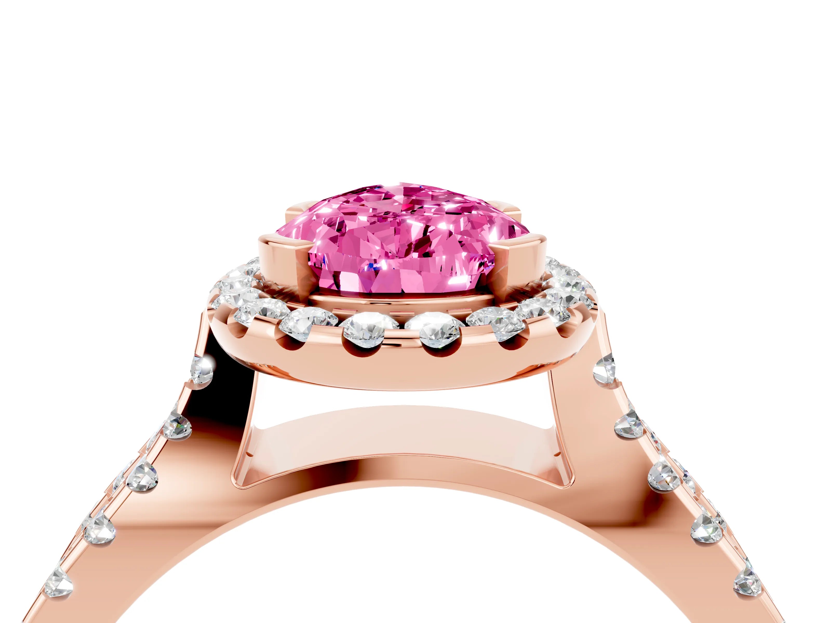 Rose gold Pear Cut Pink Sapphire Halo Ring with Split Shank Pavé Band and Prong Setting_16