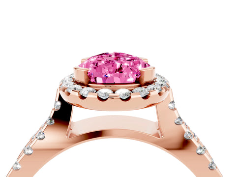 Rose gold Pear Cut Pink Sapphire Halo Ring with Split Shank Pavé Band and Prong Setting_16