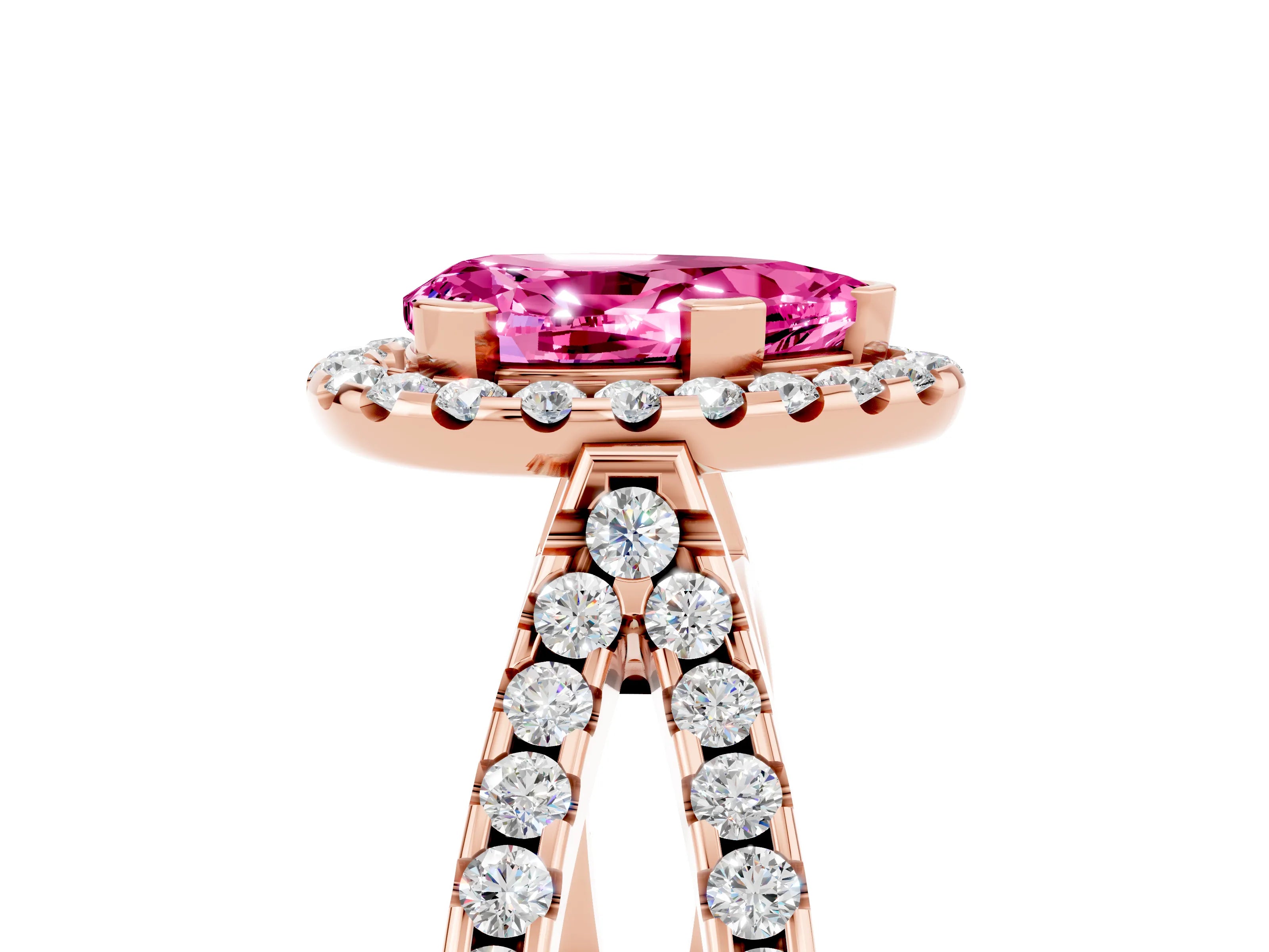 Rose gold Pear Cut Pink Sapphire Halo Ring with Split Shank Pavé Band and Prong Setting_17