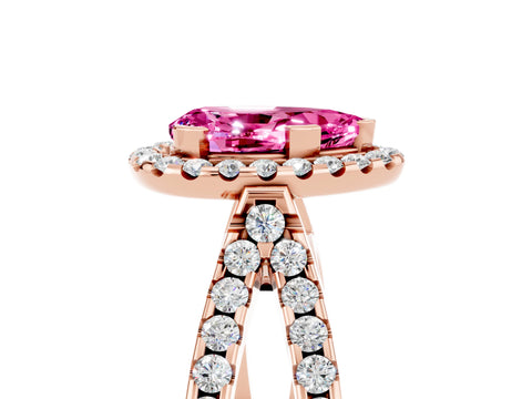 Rose gold Pear Cut Pink Sapphire Halo Ring with Split Shank Pavé Band and Prong Setting_17