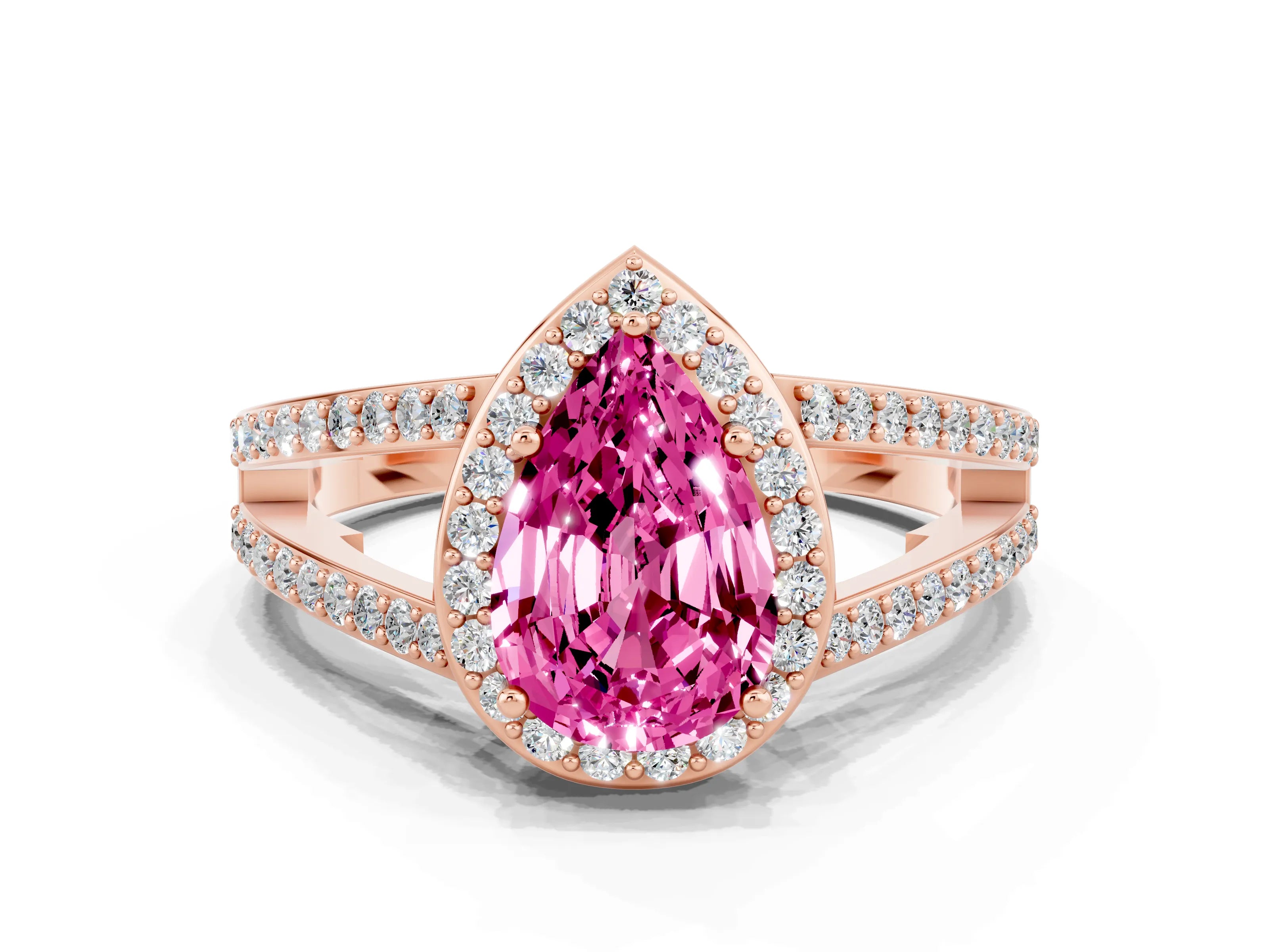 Rose gold Pear Cut Pink Sapphire Halo Ring with Split Shank U-Prong Band and Four-Prong Setting