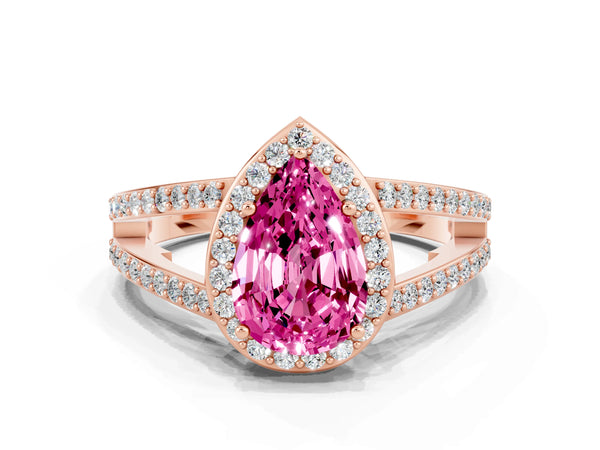 Rose gold Pear Cut Pink Sapphire Halo Ring with Split Shank U-Prong Band and Four-Prong Setting