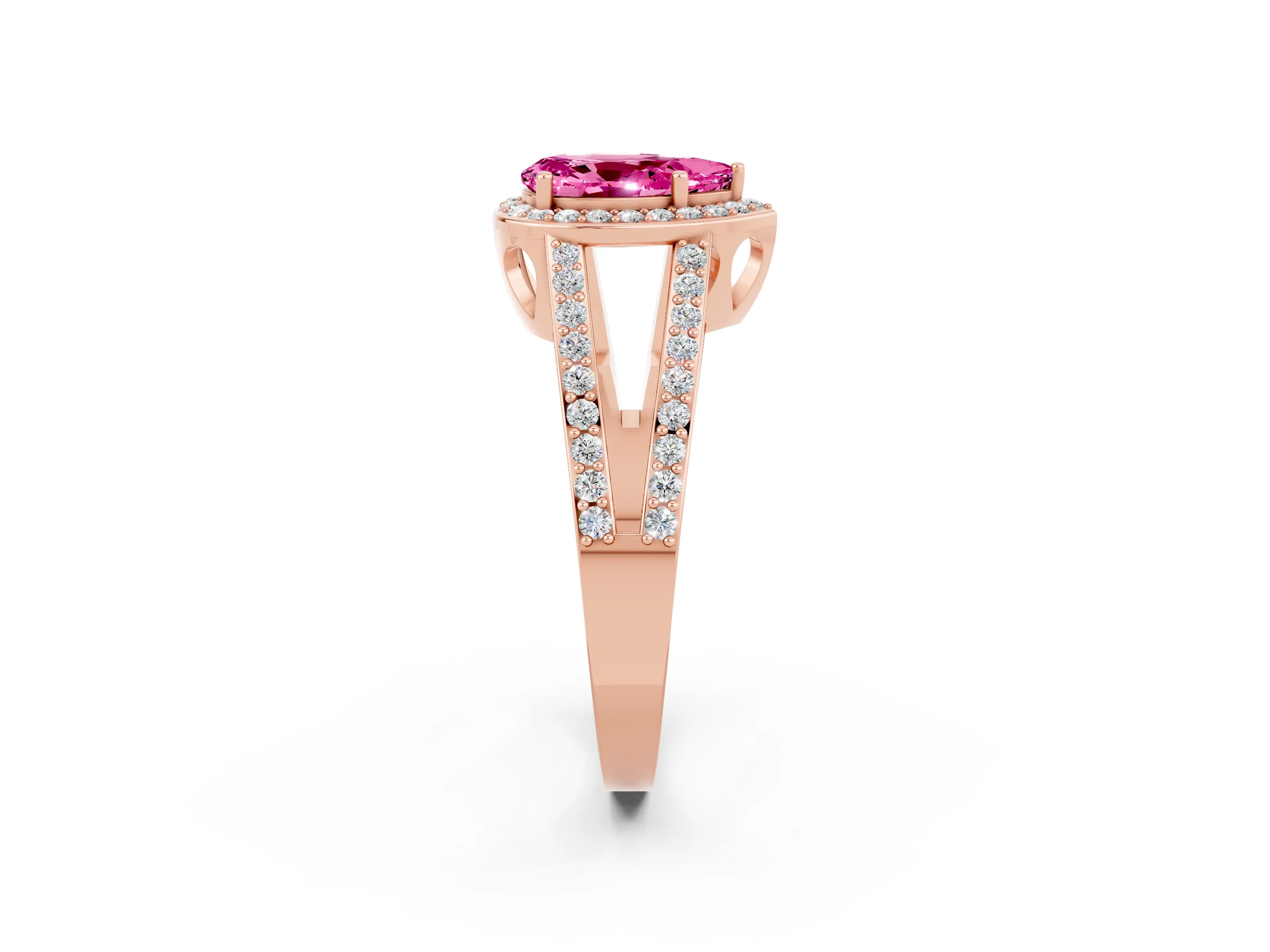 Rose gold Pear Cut Pink Sapphire Halo Ring with Split Shank U-Prong Band and Four-Prong Setting_2