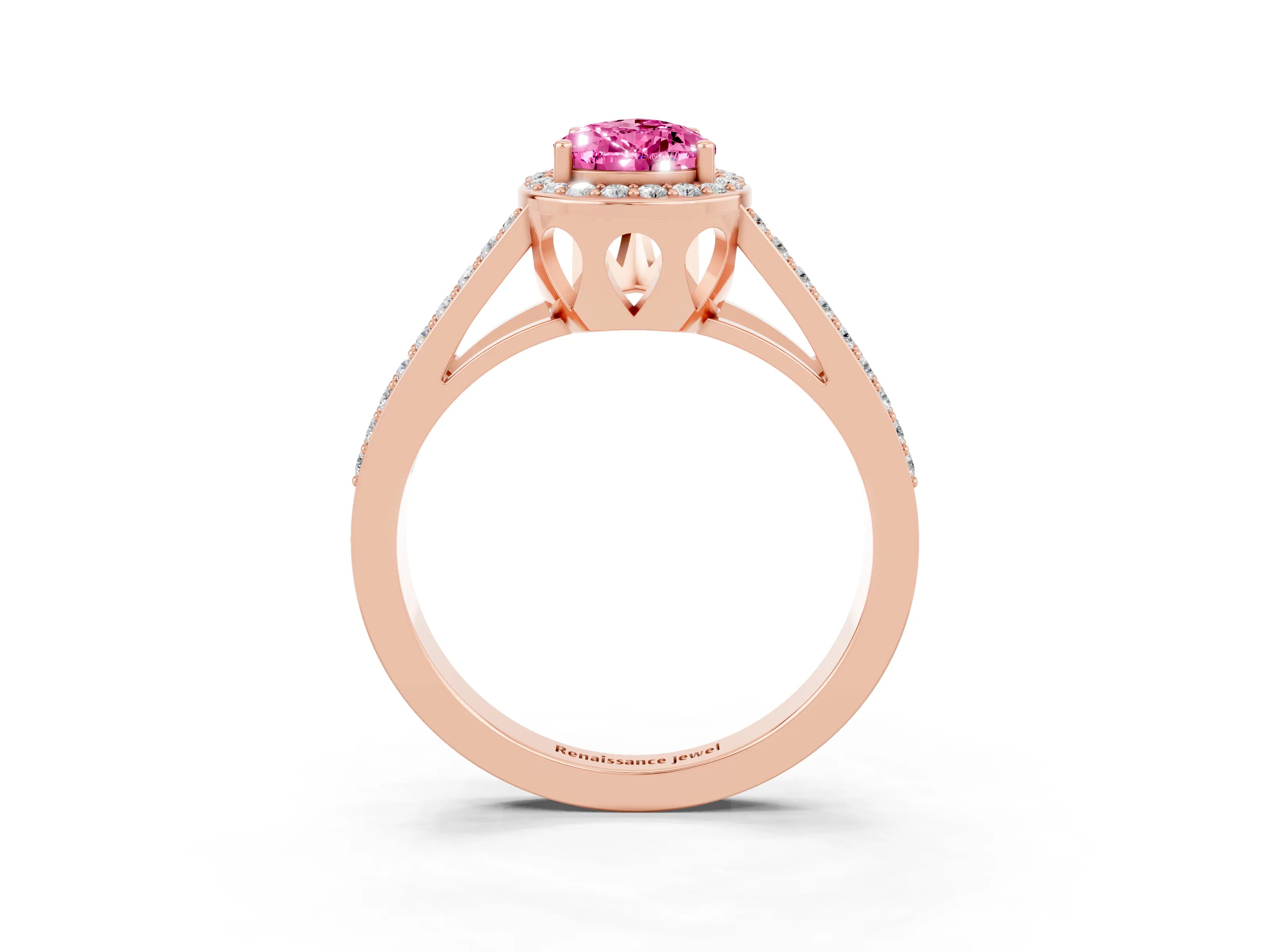 Rose gold Pear Cut Pink Sapphire Halo Ring with Split Shank U-Prong Band and Four-Prong Setting_3