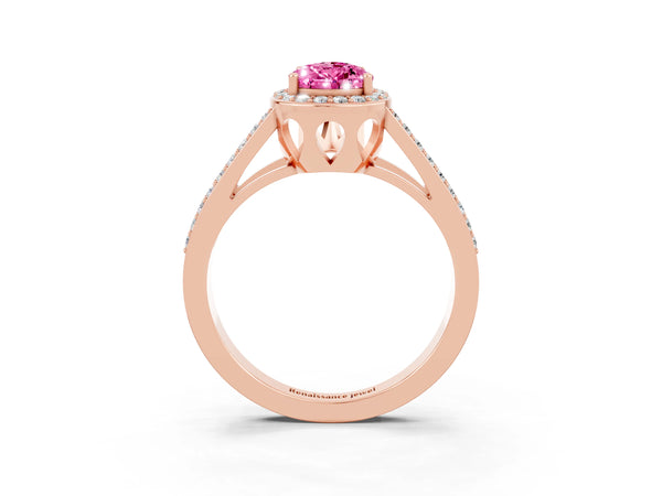 Rose gold Pear Cut Pink Sapphire Halo Ring with Split Shank U-Prong Band and Four-Prong Setting