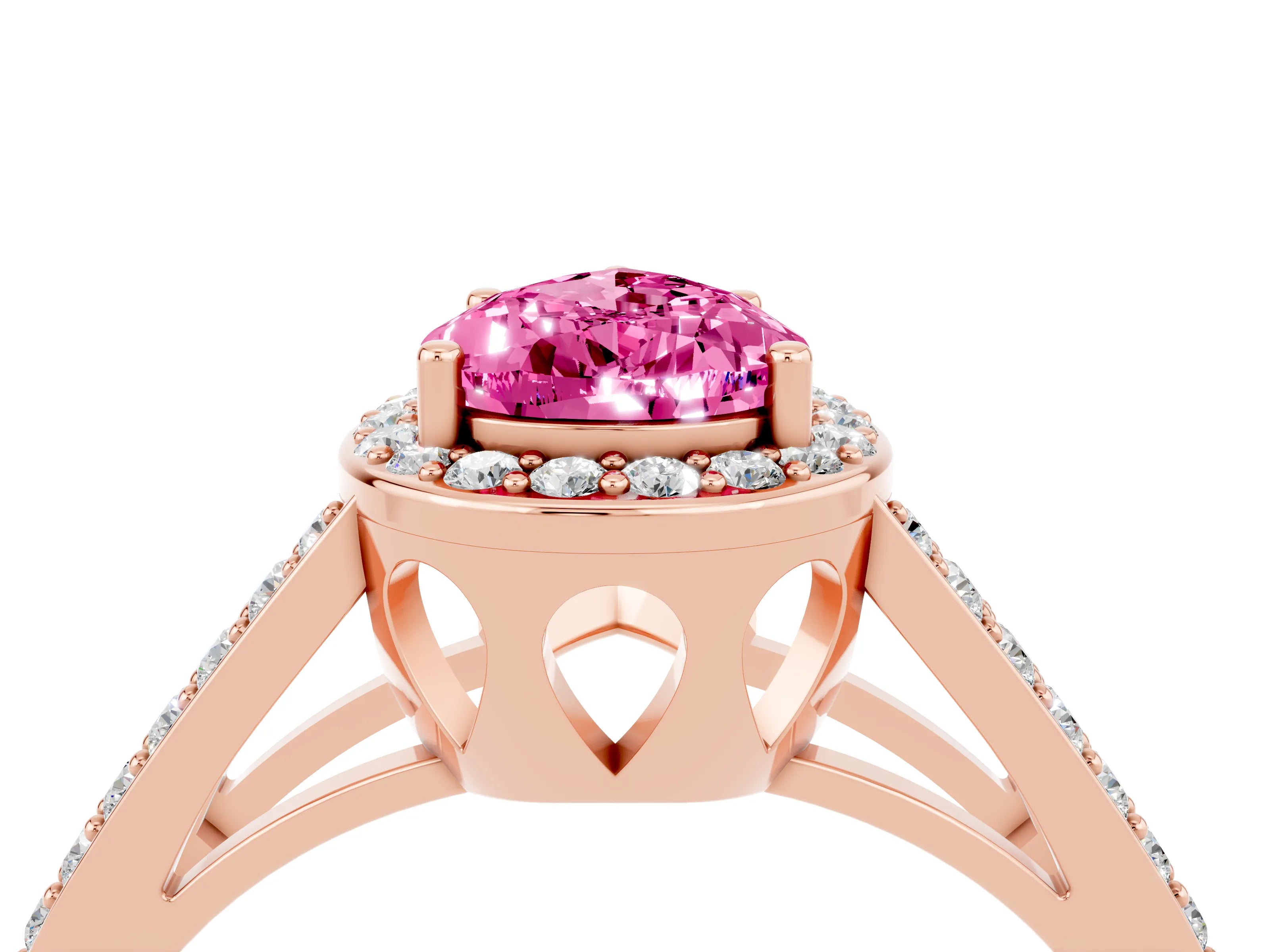 Rose gold Pear Cut Pink Sapphire Halo Ring with Split Shank U-Prong Band and Four-Prong Setting_4