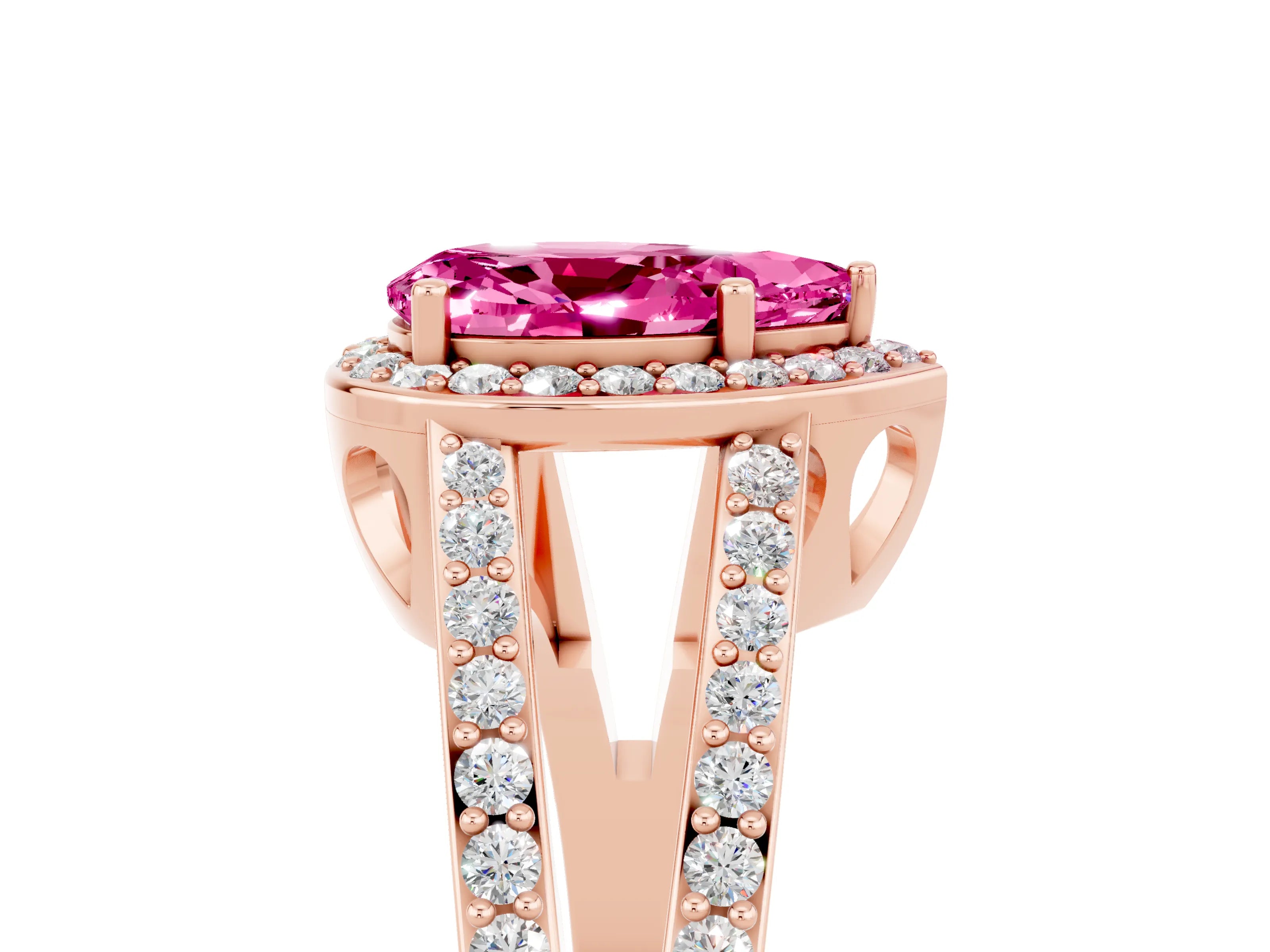 Rose gold Pear Cut Pink Sapphire Halo Ring with Split Shank U-Prong Band and Four-Prong Setting_5