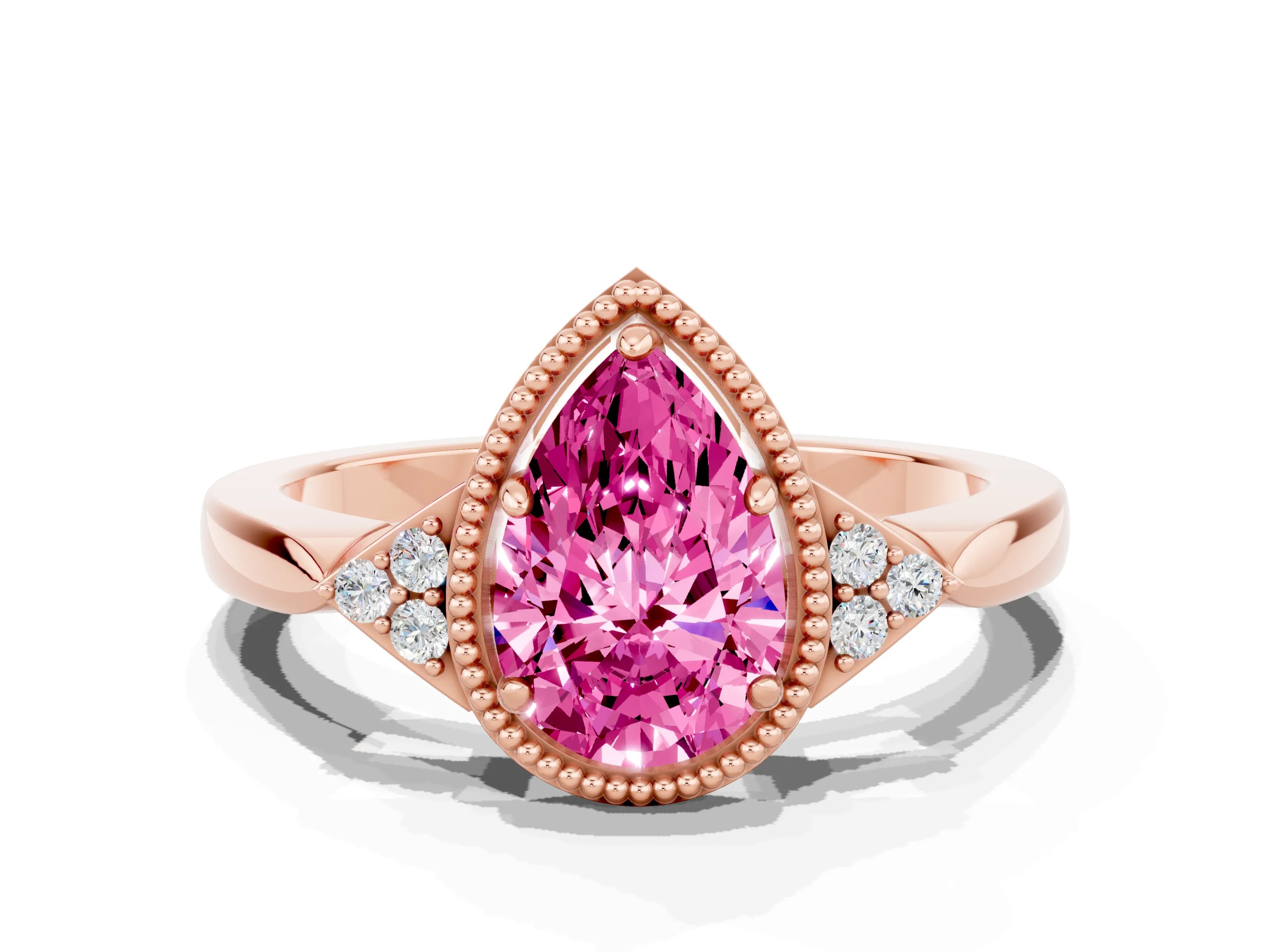 Rose gold Pear Cut Pink Sapphire Halo Ring with Tapered Band and Four-Prong Setting