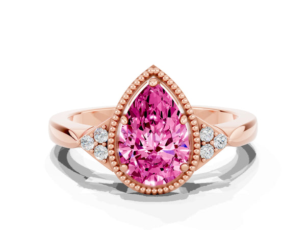 Rose gold Pear Cut Pink Sapphire Halo Ring with Tapered Band and Four-Prong Setting