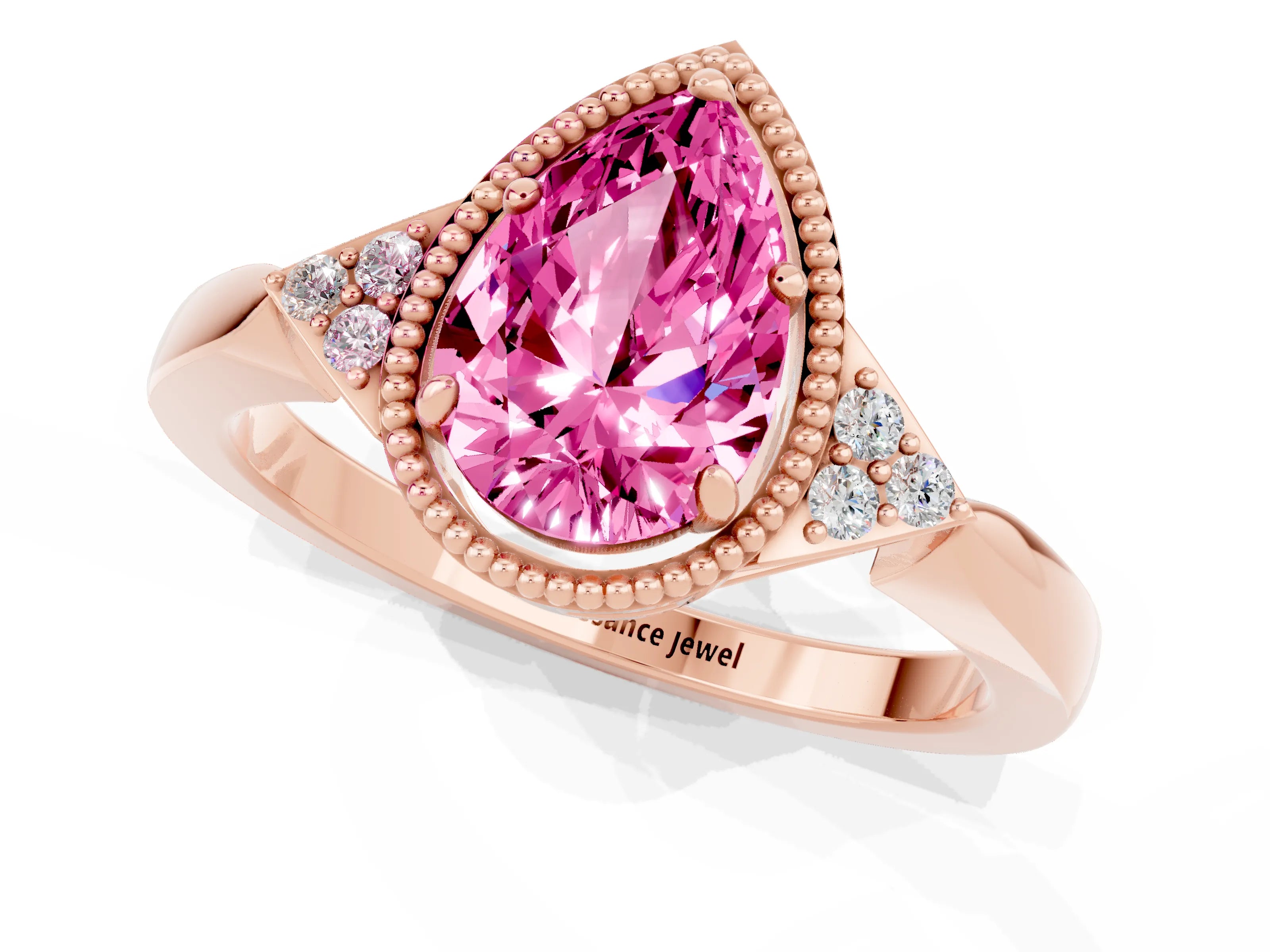 Rose gold Pear Cut Pink Sapphire Halo Ring with Tapered Band and Four-Prong Setting_1