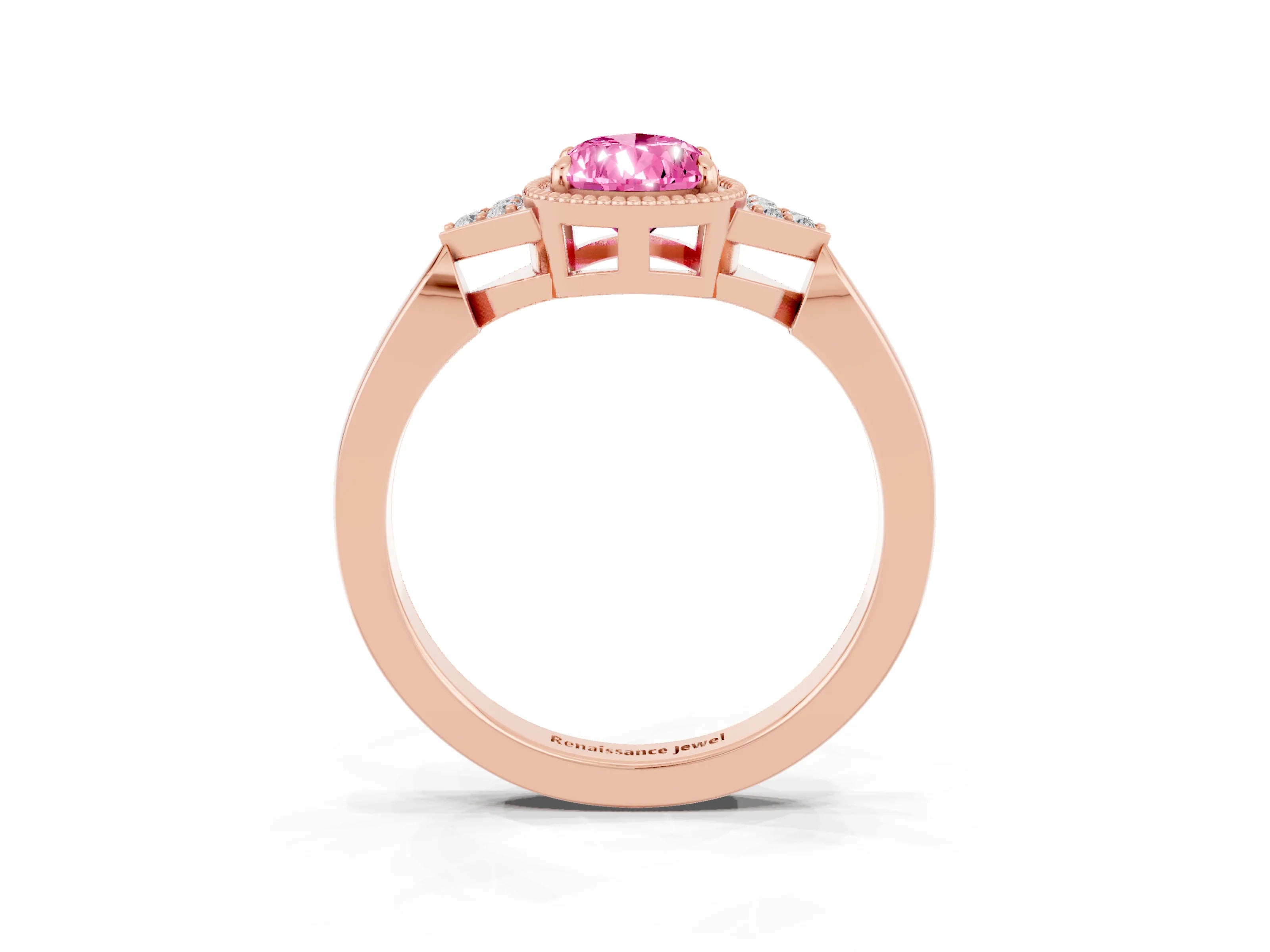 Rose gold Pear Cut Pink Sapphire Halo Ring with Tapered Band and Four-Prong Setting_3