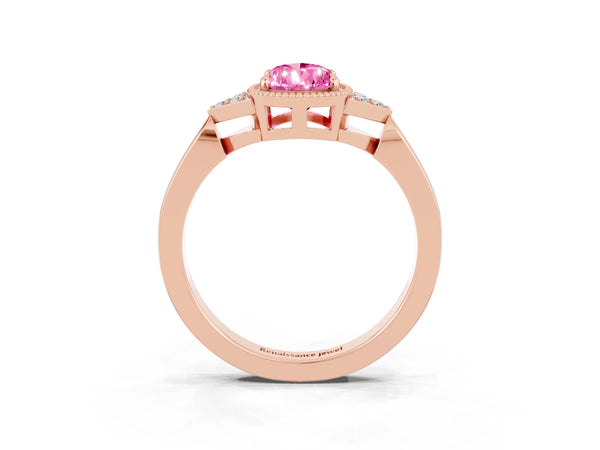Rose gold Pear Cut Pink Sapphire Halo Ring with Tapered Band and Four-Prong Setting