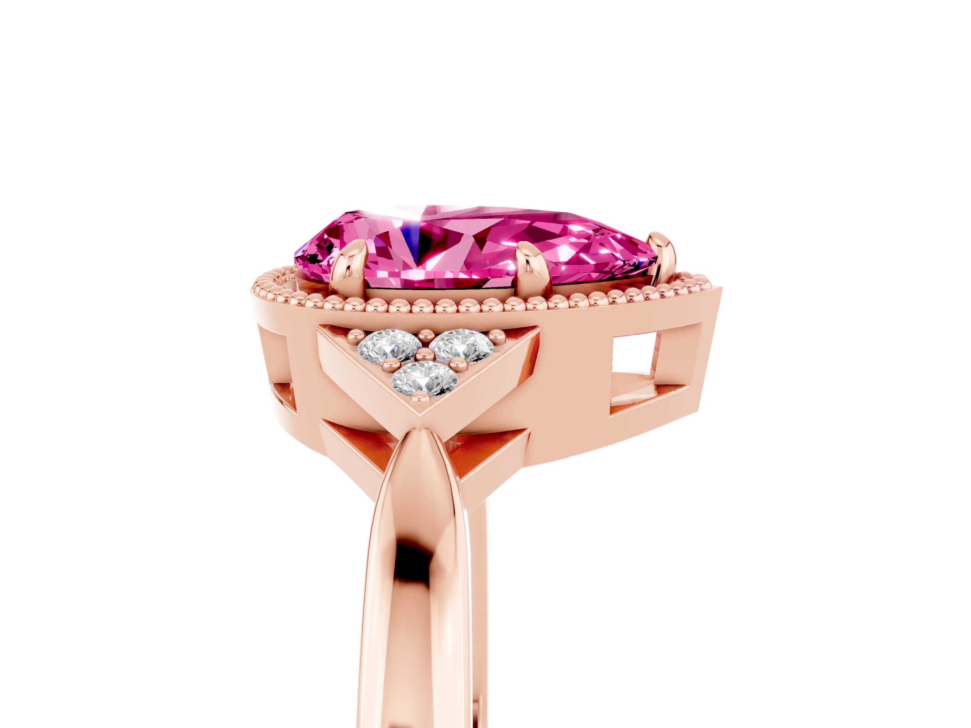 Rose gold Pear Cut Pink Sapphire Halo Ring with Tapered Band and Four-Prong Setting_5