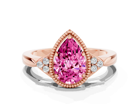 Rose gold Pear Cut Pink Sapphire Halo Ring with Tapered Band and Four-Prong Setting