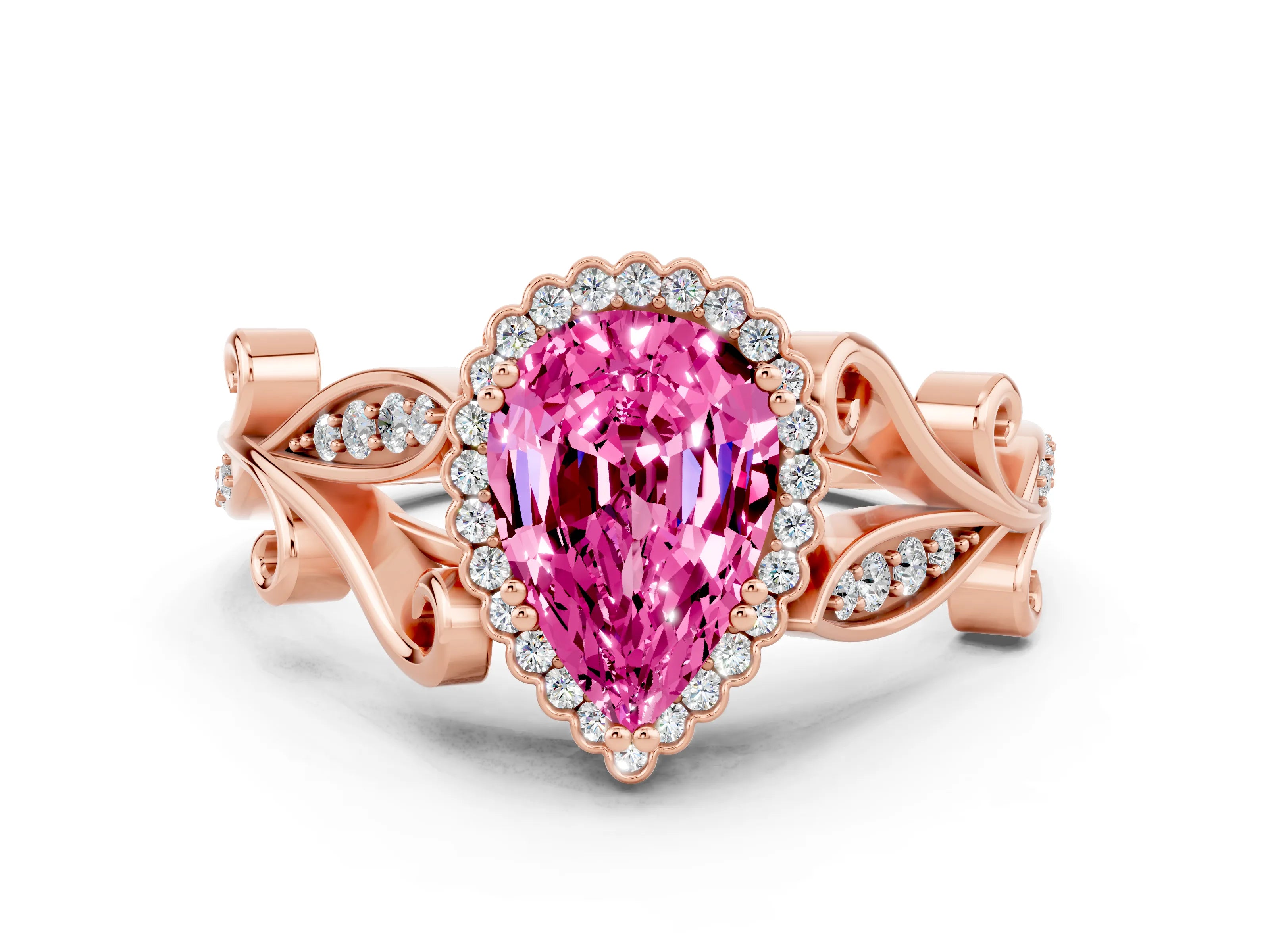 Rose gold Pear Cut Pink Sapphire Halo Ring with Vintage Split Shank and Four-Prong Setting