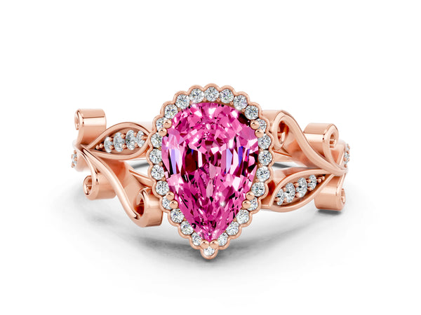 Rose gold Pear Cut Pink Sapphire Halo Ring with Vintage Split Shank and Four-Prong Setting