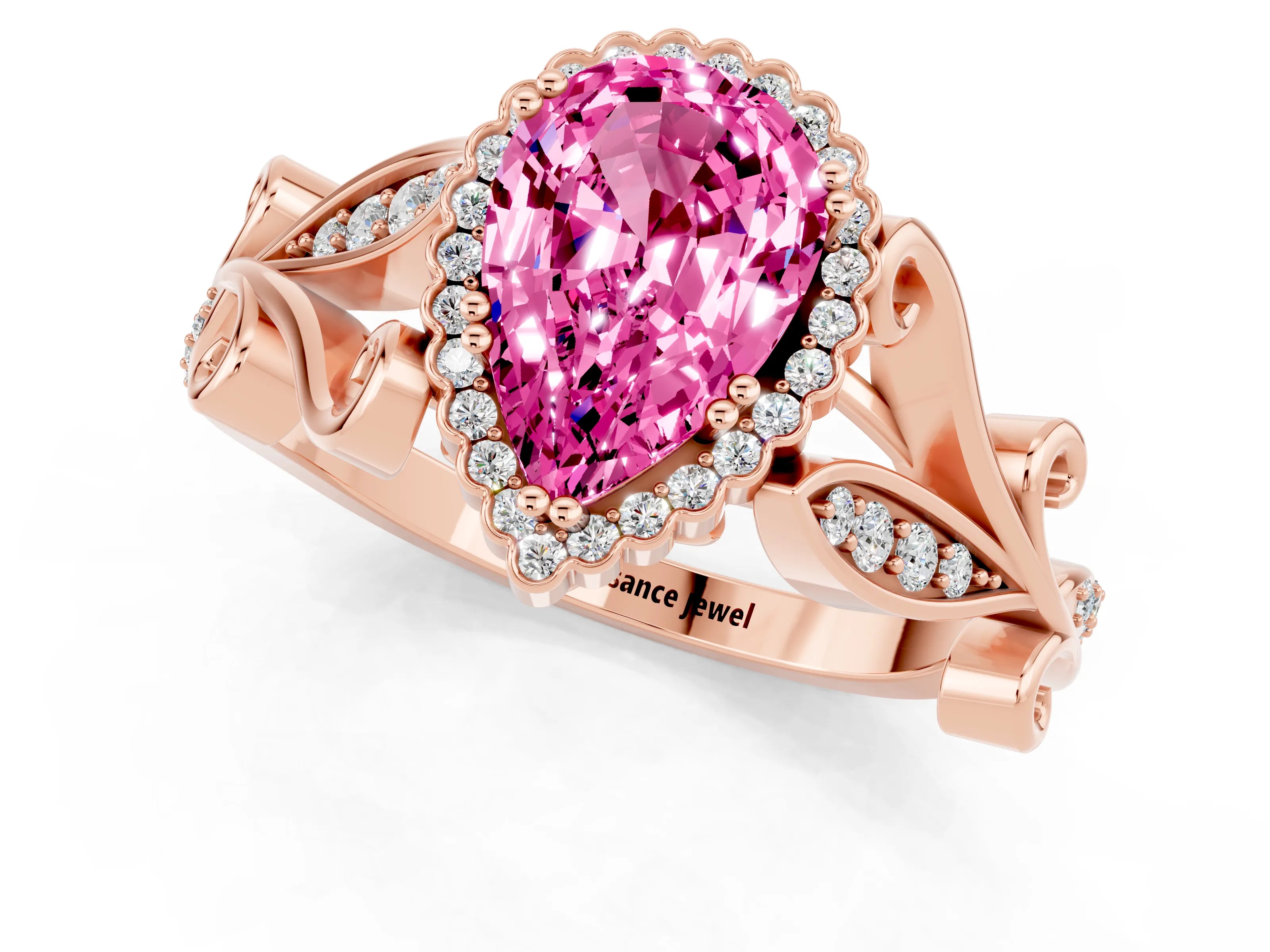 Rose gold Pear Cut Pink Sapphire Halo Ring with Vintage Split Shank and Four-Prong Setting_1
