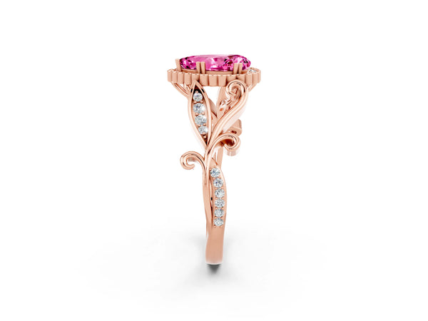 Rose gold Pear Cut Pink Sapphire Halo Ring with Vintage Split Shank and Four-Prong Setting