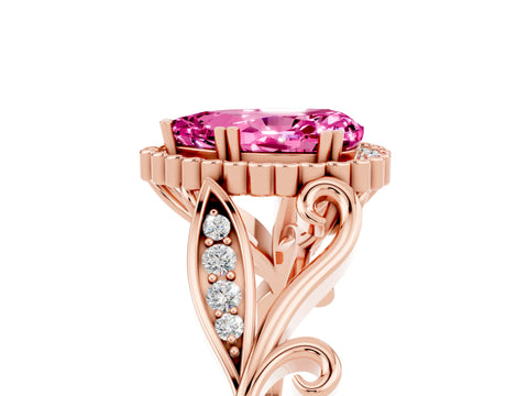 Rose gold Pear Cut Pink Sapphire Halo Ring with Vintage Split Shank and Four-Prong Setting_5