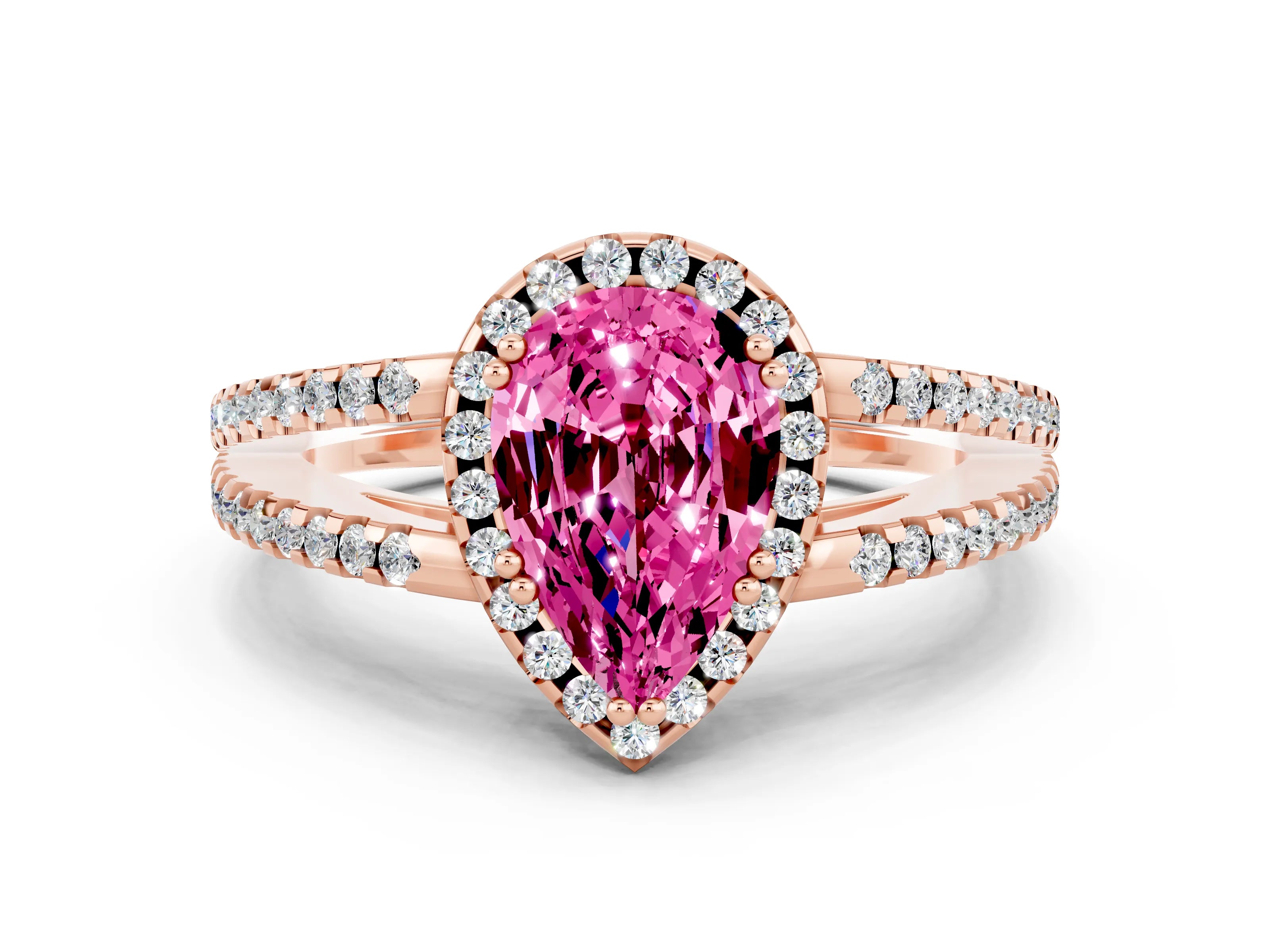 Rose gold Pear Cut Pink Sapphire Halo Split Shank Engagement Ring_12