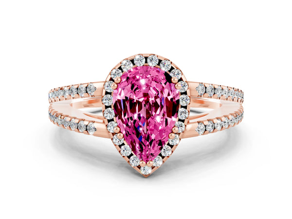 Rose gold Pear Cut Pink Sapphire Halo Split Shank Engagement Ring