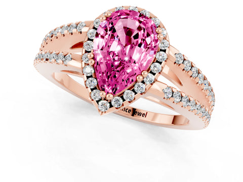 Rose gold Pear Cut Pink Sapphire Halo Split Shank Engagement Ring_13