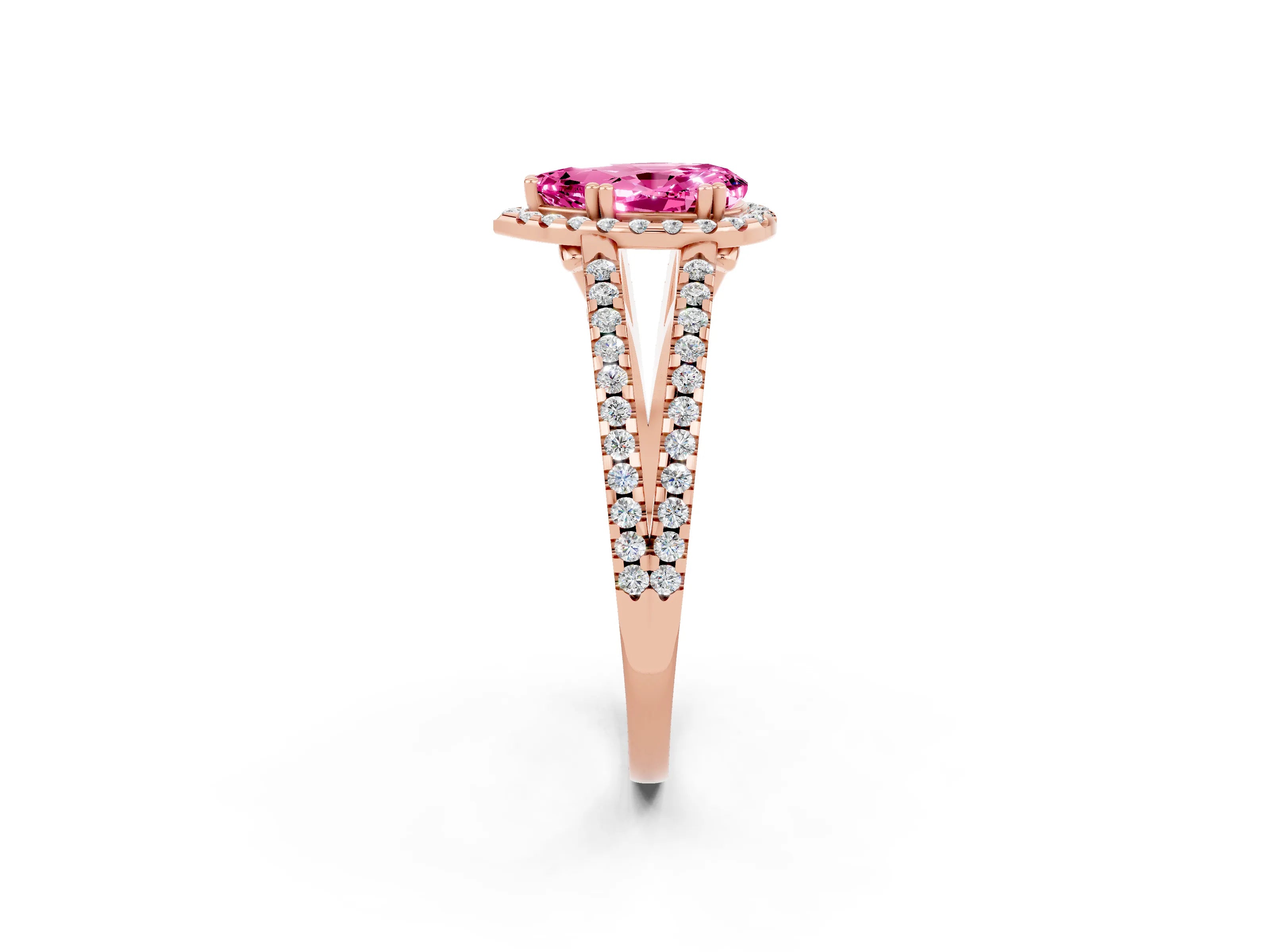 Rose gold Pear Cut Pink Sapphire Halo Split Shank Engagement Ring_14
