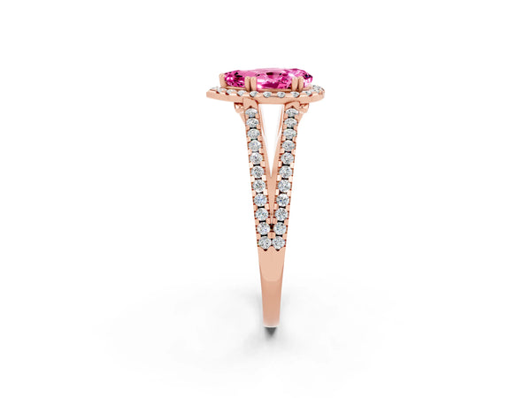 Rose gold Pear Cut Pink Sapphire Halo Split Shank Engagement Ring