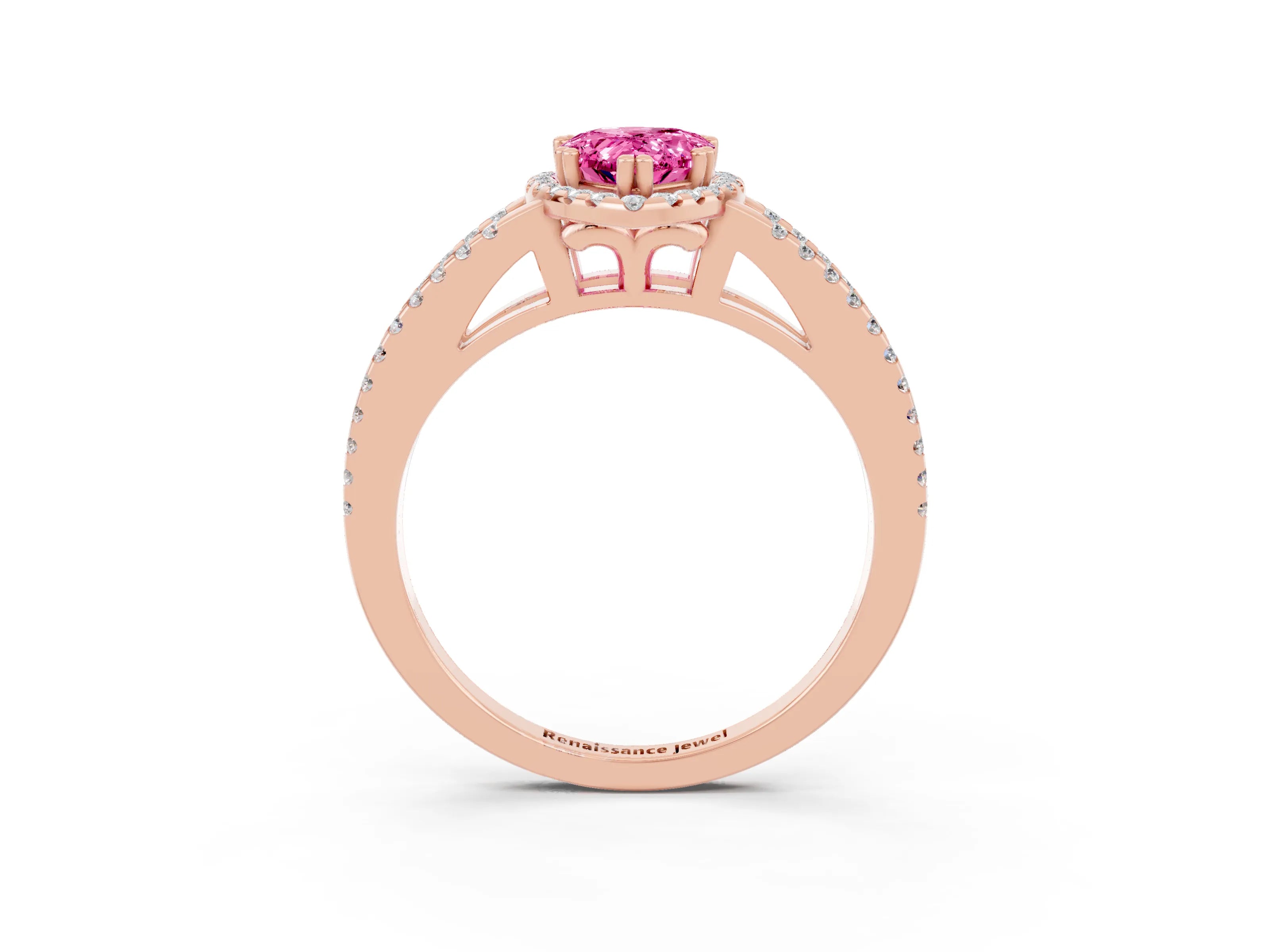 Rose gold Pear Cut Pink Sapphire Halo Split Shank Engagement Ring_15