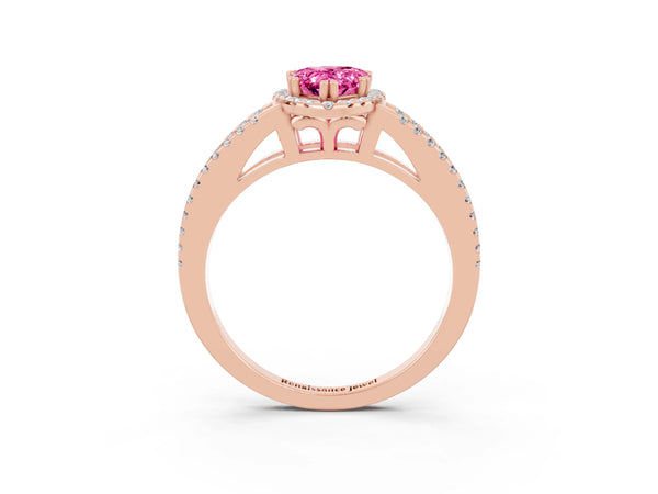 Rose gold Pear Cut Pink Sapphire Halo Split Shank Engagement Ring