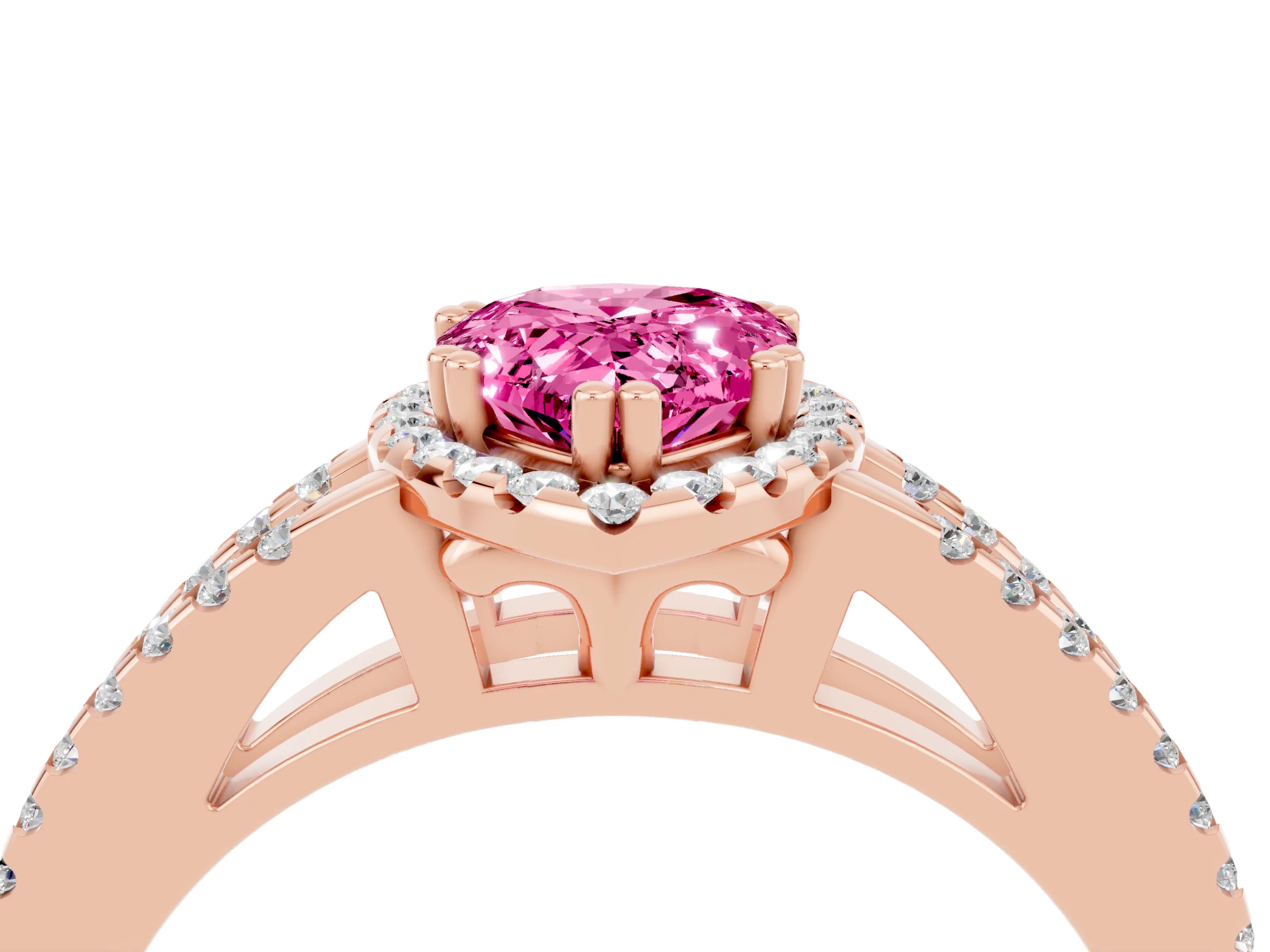 Rose gold Pear Cut Pink Sapphire Halo Split Shank Engagement Ring_16