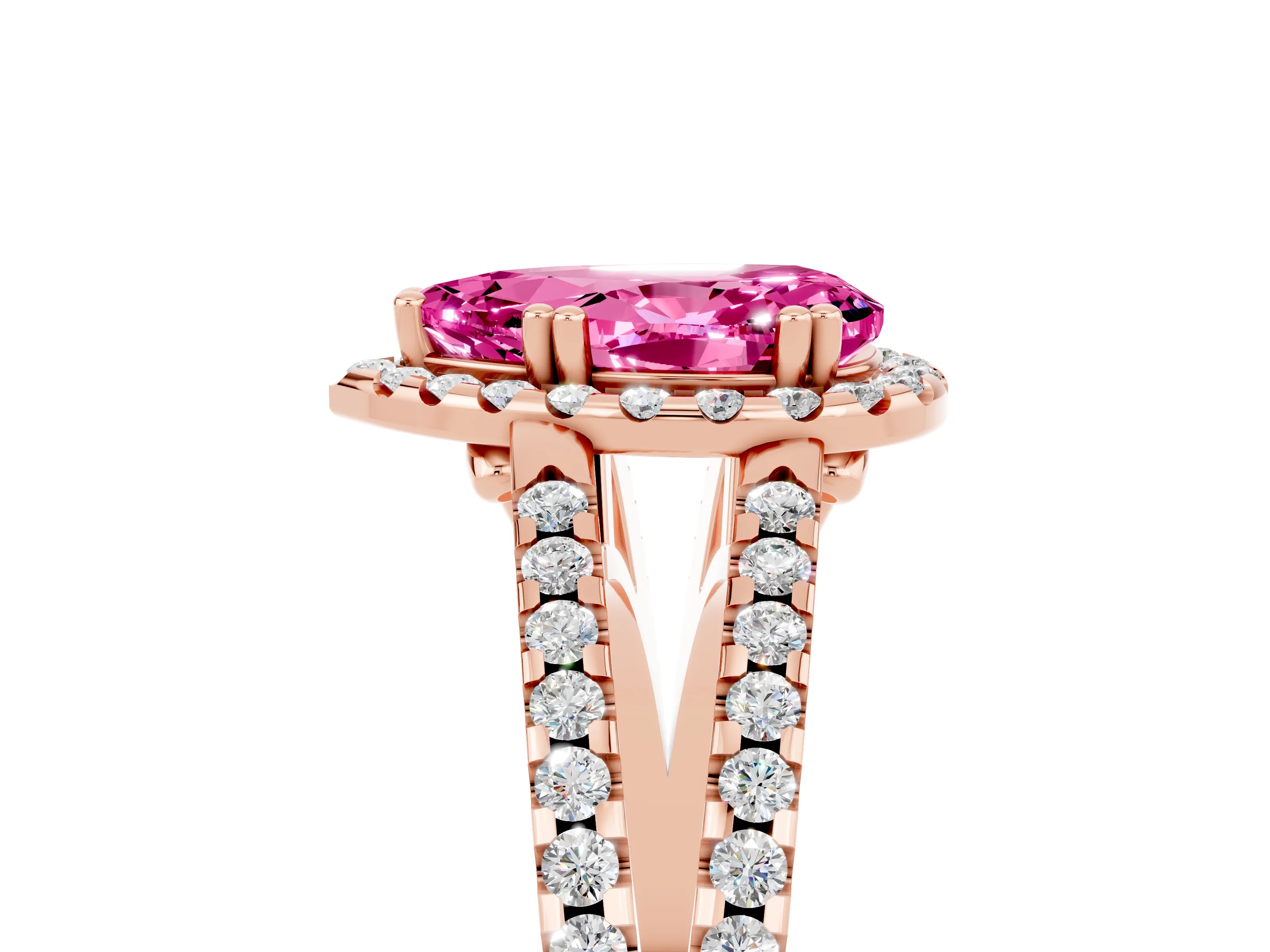 Rose gold Pear Cut Pink Sapphire Halo Split Shank Engagement Ring_17