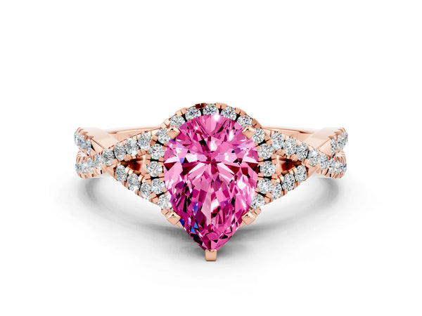 Rose gold Pear Cut Pink Sapphire  Halo Twist Band Solitaire Prong Setting Ring
