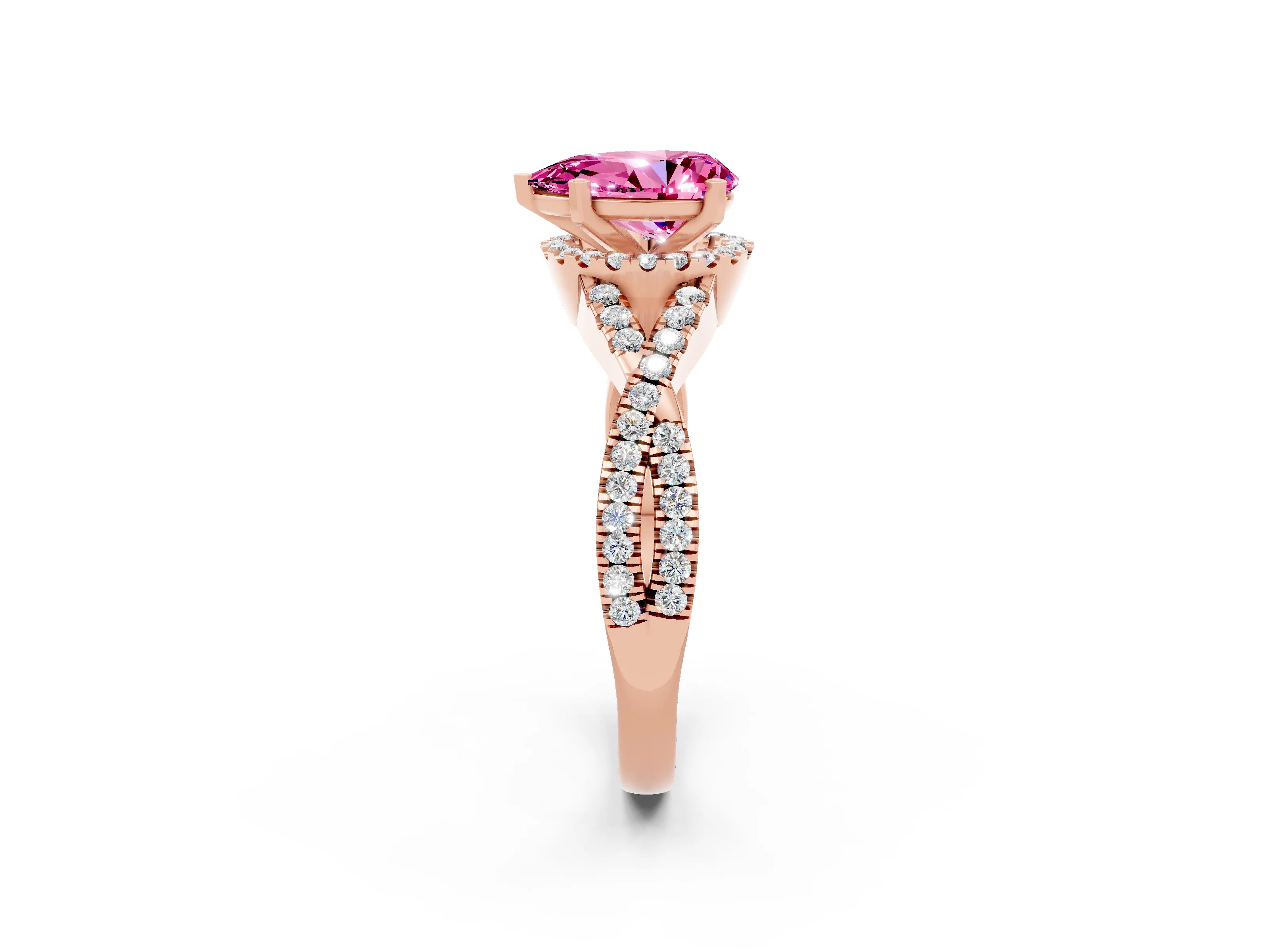 Rose gold Pear Cut Pink Sapphire Halo Twist Band Solitaire Prong Setting Ring_26