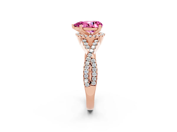 Rose gold Pear Cut Pink Sapphire  Halo Twist Band Solitaire Prong Setting Ring